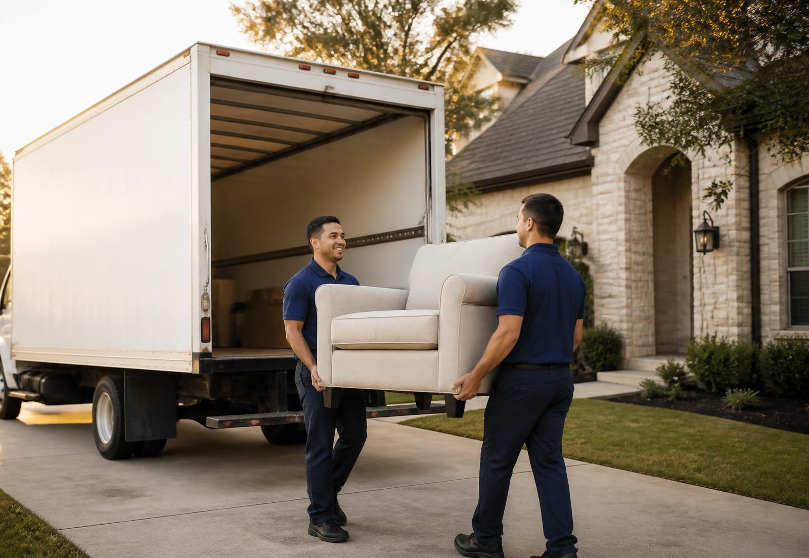 Movers from Gio's Moving loading furniture into a moving truck outside a home in Kyle, TX